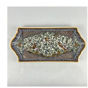 Ceramicas De Coimbra Portugal Hand Painted Rectangular Serving Tray Birds Floral